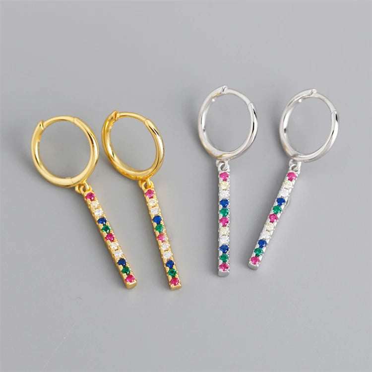 Fashion Colored Stones Zircons Diamond 925 Sterling Silver Long Bar Drop Earrings Women