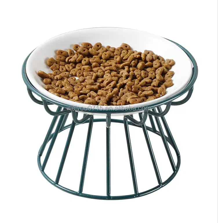 High Legged Ceramic Pet Bowl Anti-Cervical Spondylosis Cat Food Bowl with Iron Material for Cat Snacks and Canned Food
