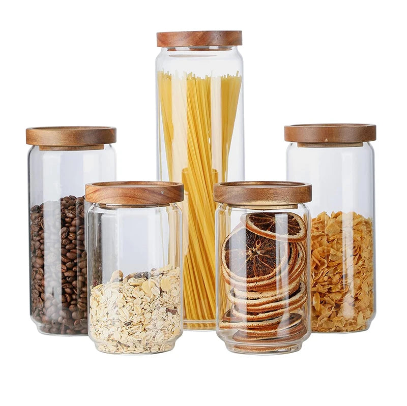 Glass Storage Jars with Wood Lid Airtight Food Containers Stackable for Coffee Beans Nuts Pasta for Coffee Beans Sugar
