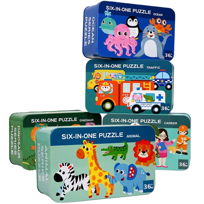 Six-in-one Wooden Children Cartoon Animal Traffic Iron Box Puzzle Kids Educational Wooden Jigsaw Puzzle Toy