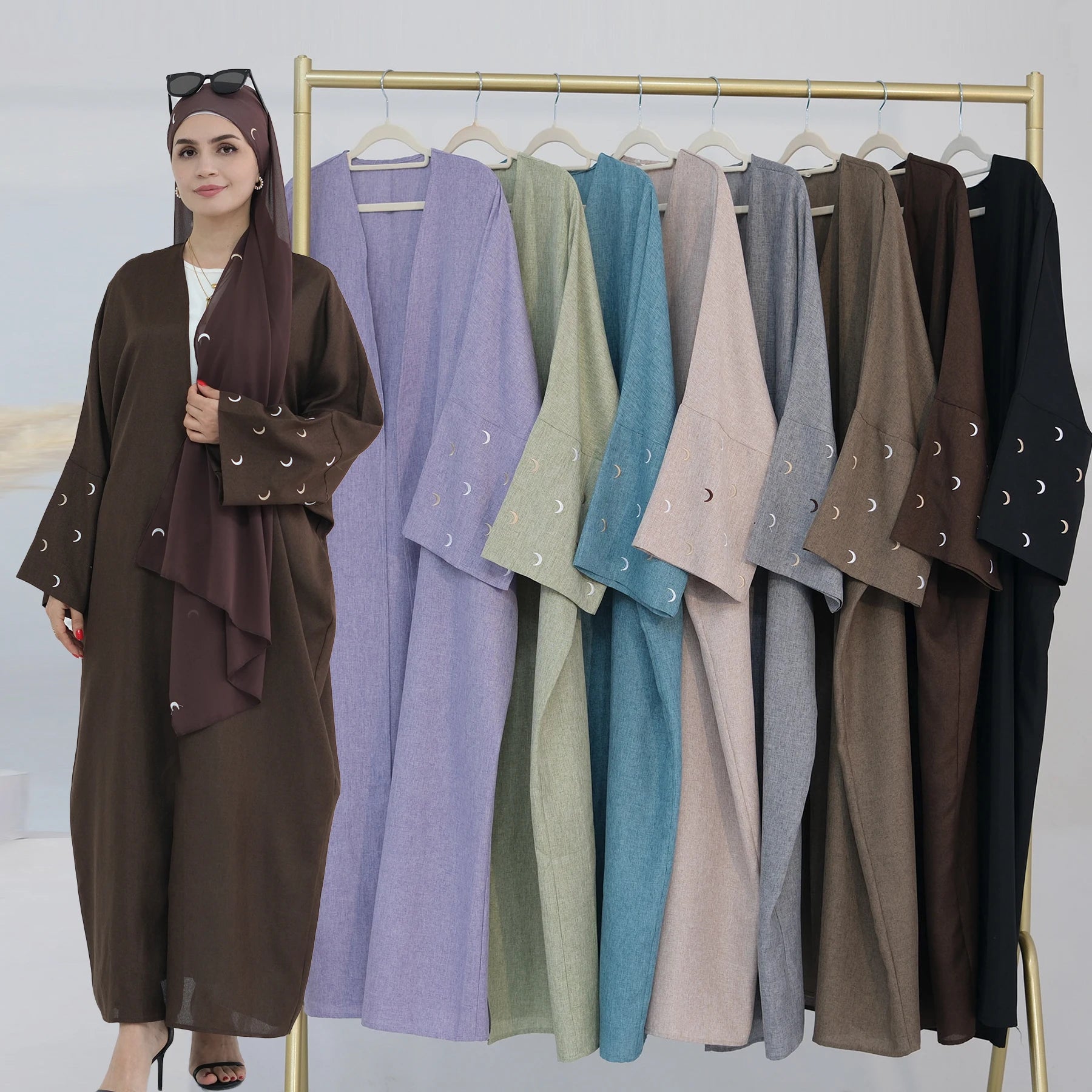 2026 Loriya Moon Embroidery Linen Abaya Daily Wear Women Kimono Muslim Girls Abaya Women's Dresses EID Fashion Islamic Clothing