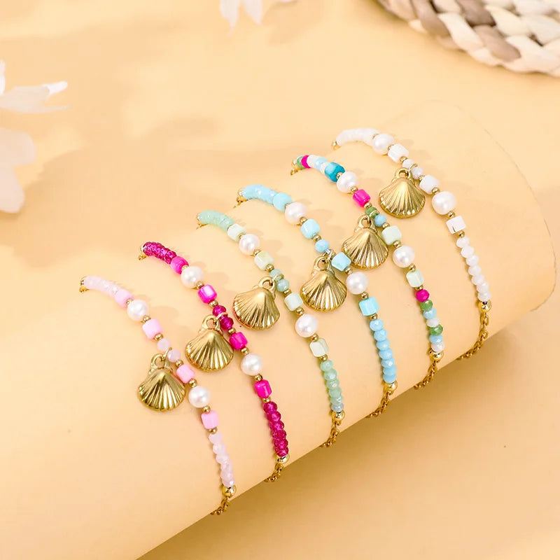 Summer Bohemian Shell Bracelet 18k Gold Titanium Steel Pearl Crystal Bracelet