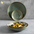 New Custom Green Kiln Glaze Ceramic Salad Fruit Deep Bowls Restaurant Hotel Porcelain Round Soup Bowl Set Catering Ramen Tureen