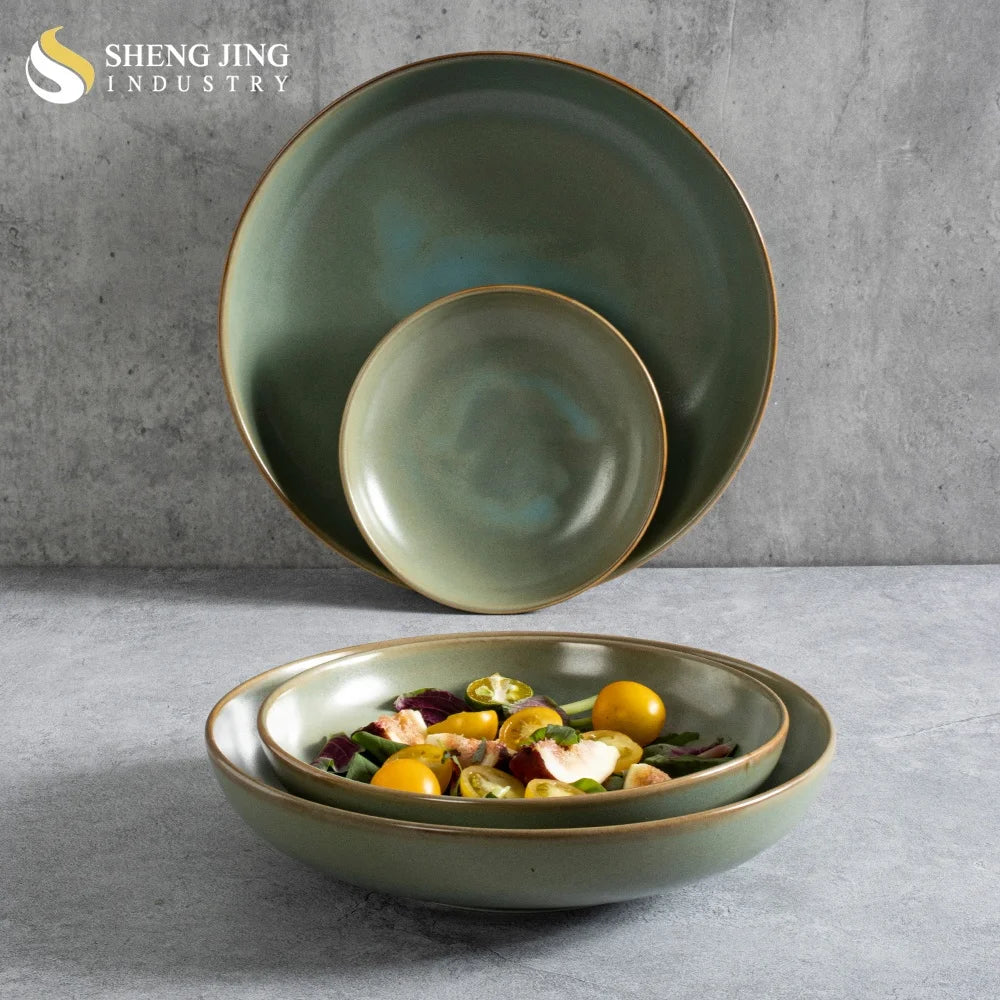 New Custom Green Kiln Glaze Ceramic Salad Fruit Deep Bowls Restaurant Hotel Porcelain Round Soup Bowl Set Catering Ramen Tureen