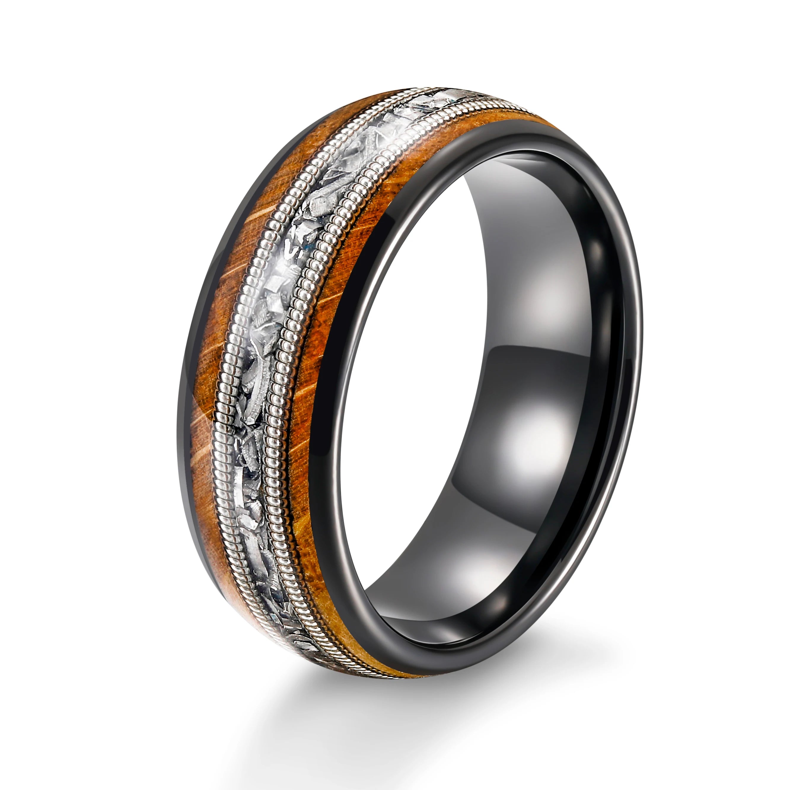 OAHLAN Men's Fashion Wedding Band Jewellery 8mm Whiskey Barrel Wood Guitar Strings Aluminum Inlay Tungsten Carbide Rings for Men