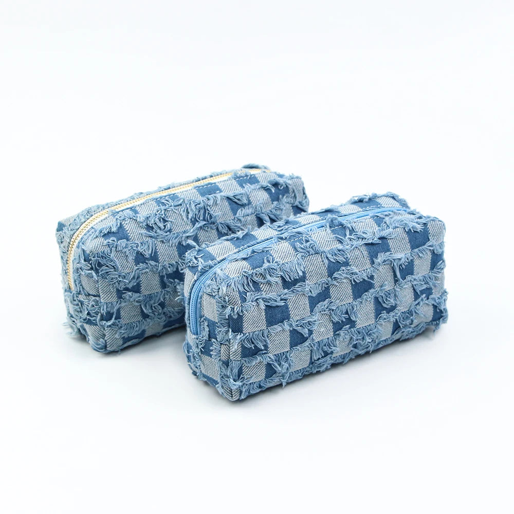 New Washable Denim Make up Pouch Cosmetic Bag Checkerboard Pattern Toiletry Bag Tassel Jean Square Grid Zipper Bag for Women