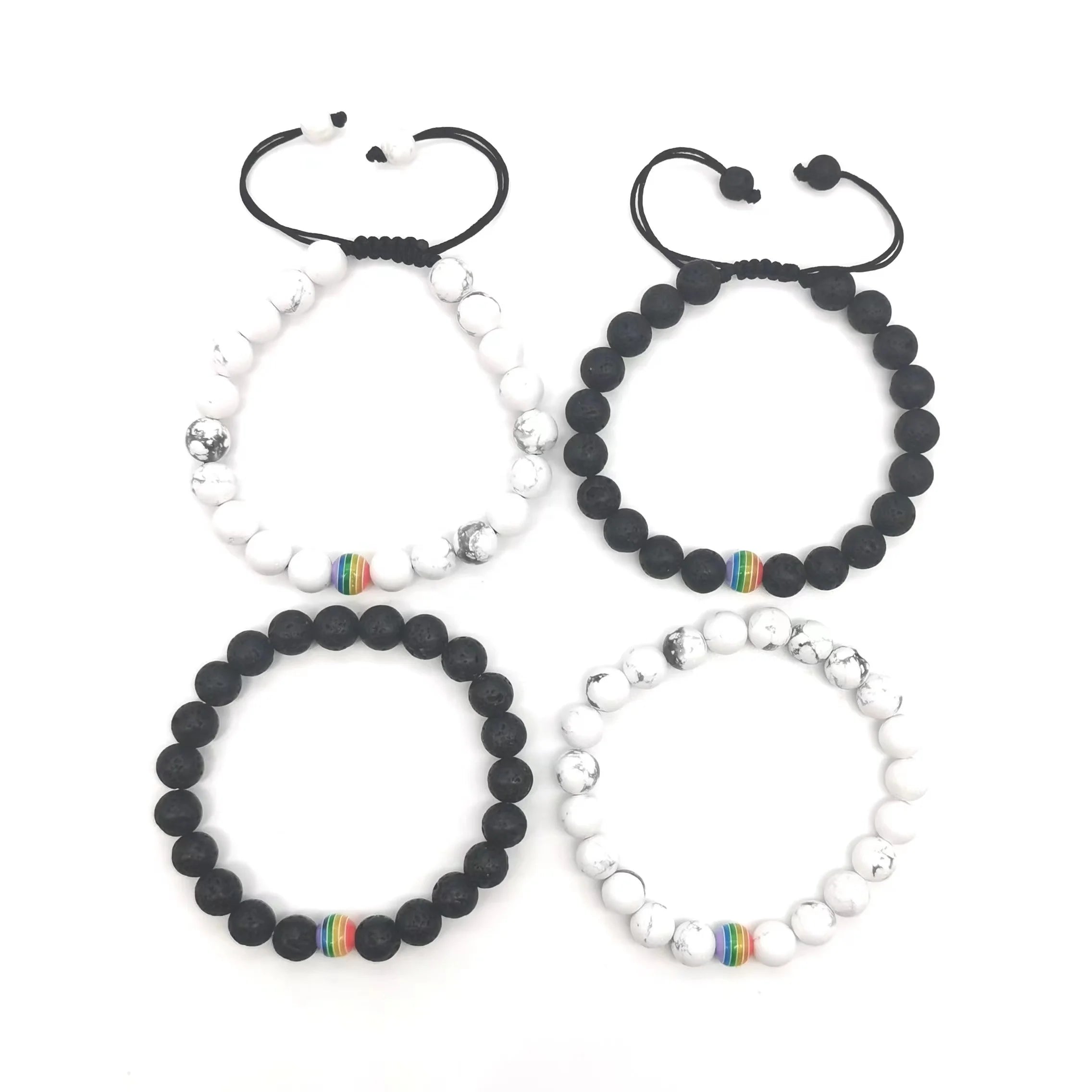 Factory Direct Punk Minimalist Rainbow Couple Distance Bracelet Handmade Black White Yin Yang Howlite Beaded Agate Gift