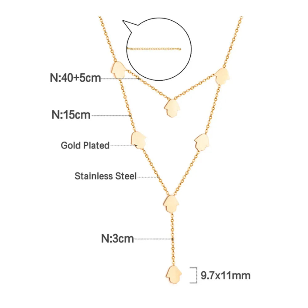 Stainless Steel Dainty Fatima Hamsa Hand Pendant Necklace Double Layers 2 Layer Necklaces for Women