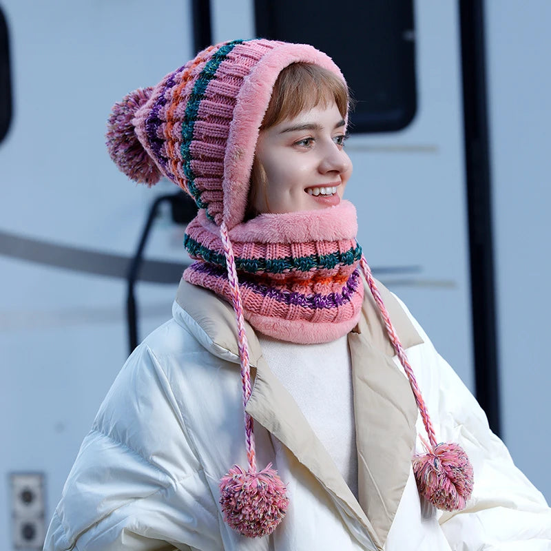 Fashionable Beanie Winter Warm Female Knitted Hat Scarves Set