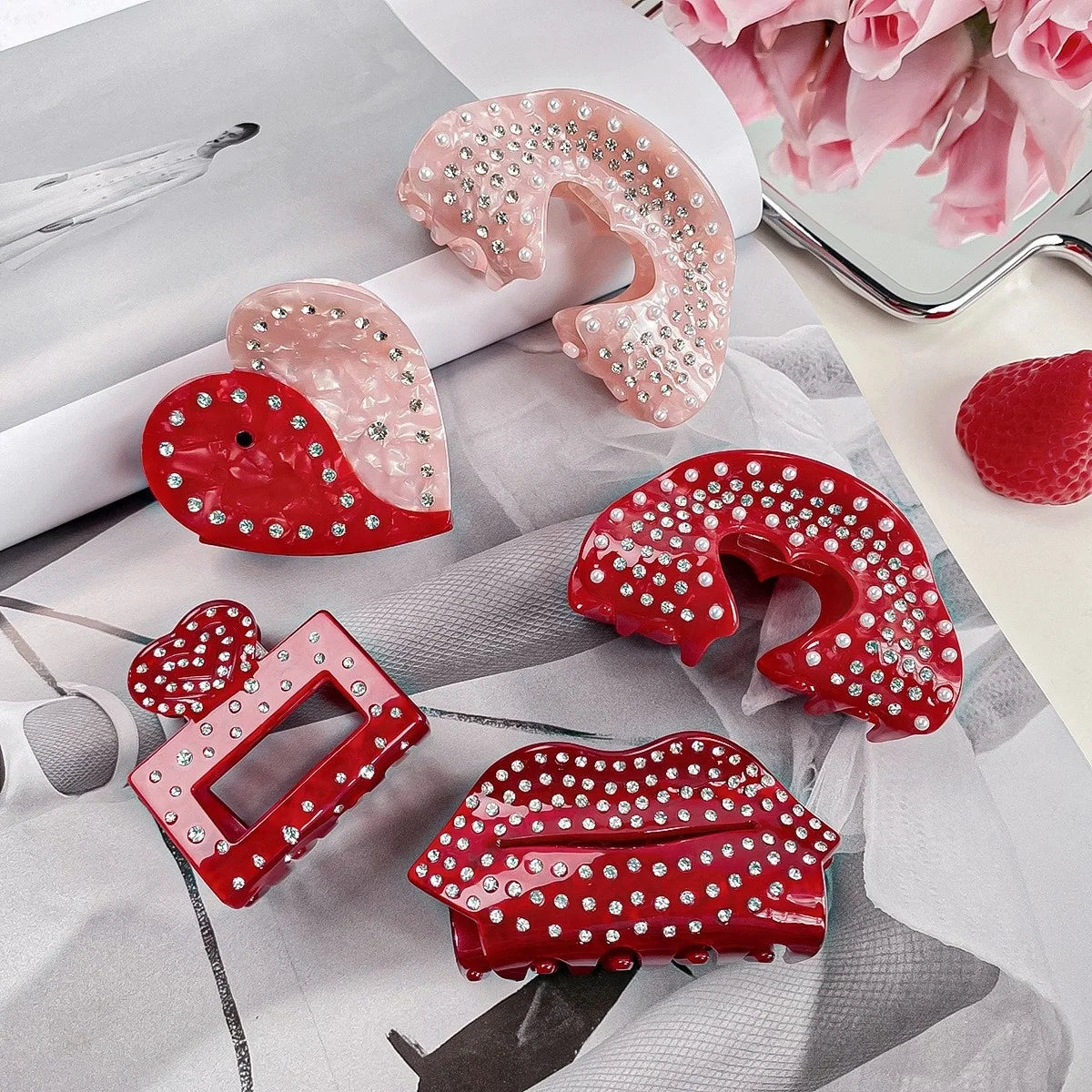 New Rhinestones Heart Shaped Mouth Lip Shape Acetate love Valentine's Day Hair Clip