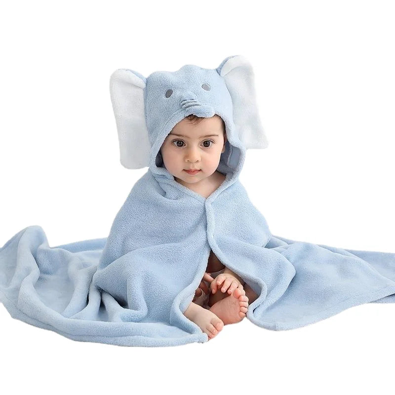 Luxury Kids Bath Towel Warm Soft Coral Velvet Microfiber Breathable Hooded Poncho Elephant Pattern Woven Technique Safe for