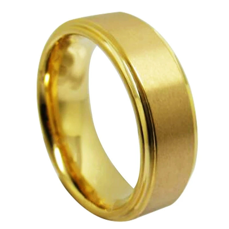 Poya Wholesale 8mm Gold Plated Brushed Tungsten Ring Stepped Edge Wedding Band for Men Women Classic Style for Engagement Gift