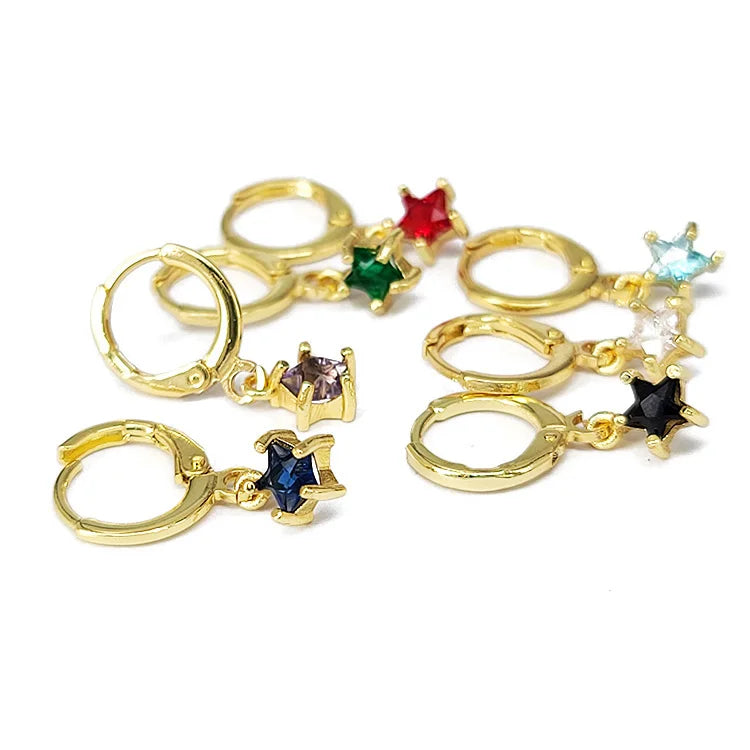 EC1760 18k Gold Plated CZ Diamond Cubic Zirconia Star Dangling Drop Charm Huggies Hoop Earrings