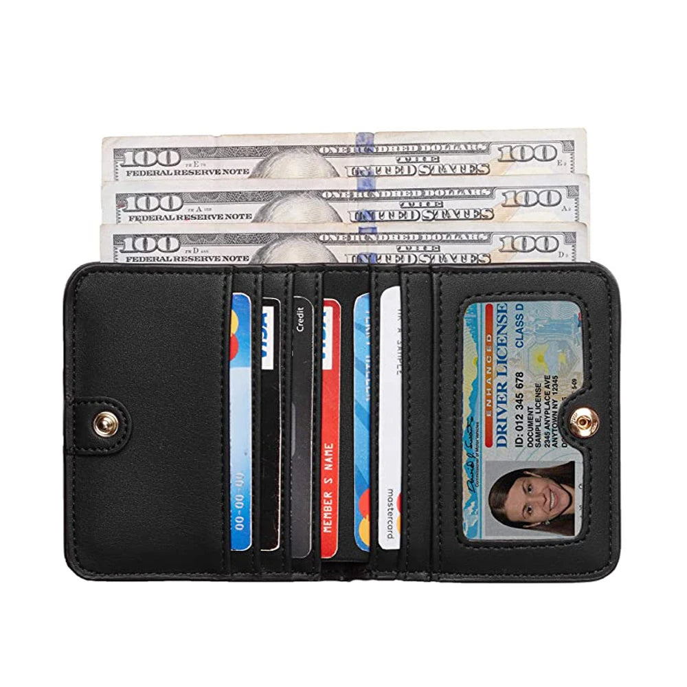 RFID Protection Polyester Lining Slim Genuine Leather ID Credit Card Holder Wallet for Women Short Bifold Clutch Purse