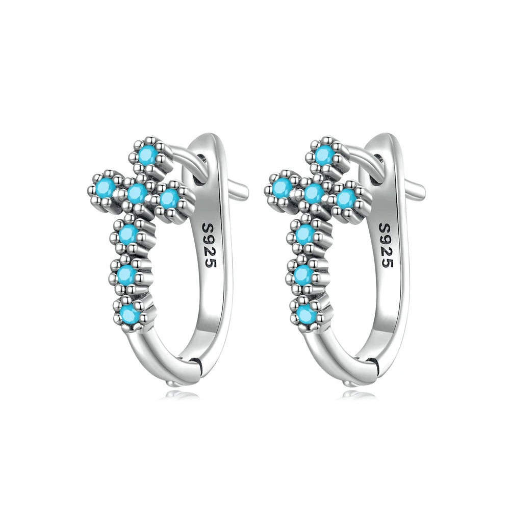 Fine Jewelry Women 925 Sterling Silver Ear Buckles U-Shaped Earrings Turquoise Religious Cross Hoop Earrings for Lady