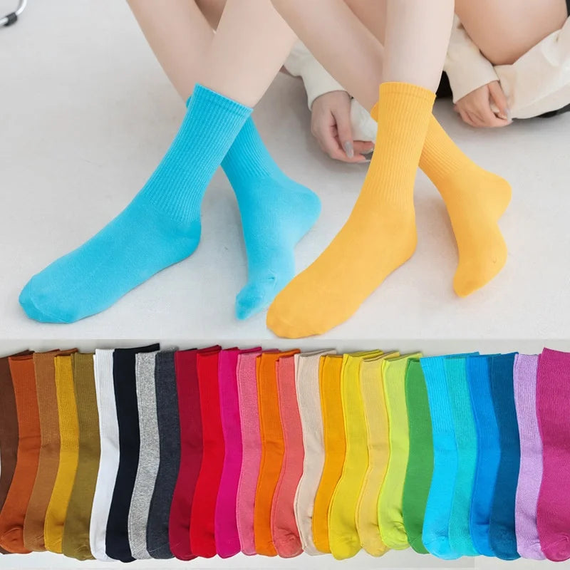 Wholesale Colored Solid Color Crew Socks Women Ribbed Cotton Blank Socks for Embroidery