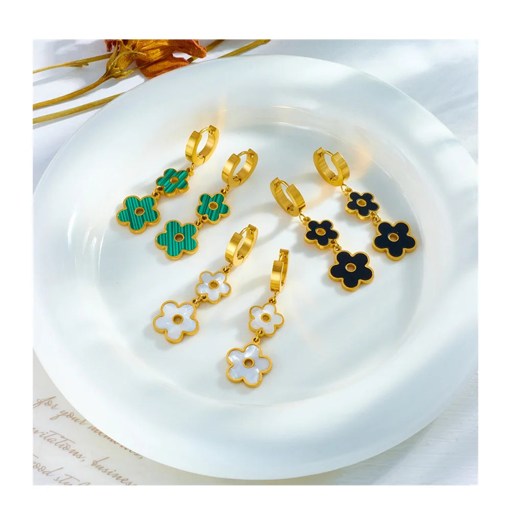 Trendy 18k Gold Plated Flower Pendant Earrings Stainless Steel Hoop Earrings for Women Jewelry