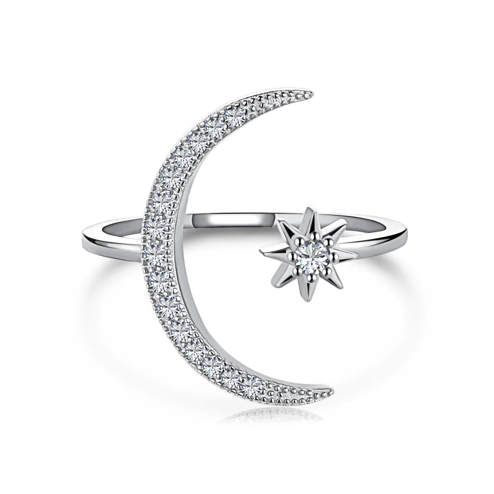 Dylam Hot INS Style Simple Love Jewelry Women Girl Spinner Ring Open Adjustable 925 Sterling Silver CZ Moon Star Stackable Rings