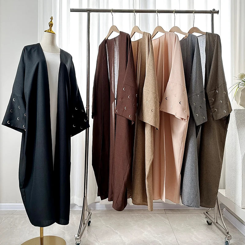 Wholesale Turkey EID Modest Dubai Abaya Girl Muslim Women Dress Luxury Moon Embroidery Sleeves Polyester Linen Kimono Open Abaya