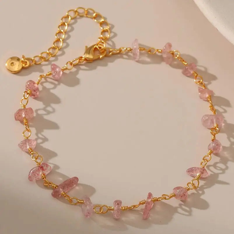 2025 New Arrival New Products 18K Gold Light pink Crystal Stone Bracelet Crushed Stone Design Sweet Girl Heart Bracelets Gold