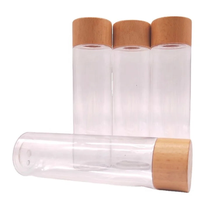Flat Shoulder Cosmetic Plastic Lotion Bottles with Wooden Lid