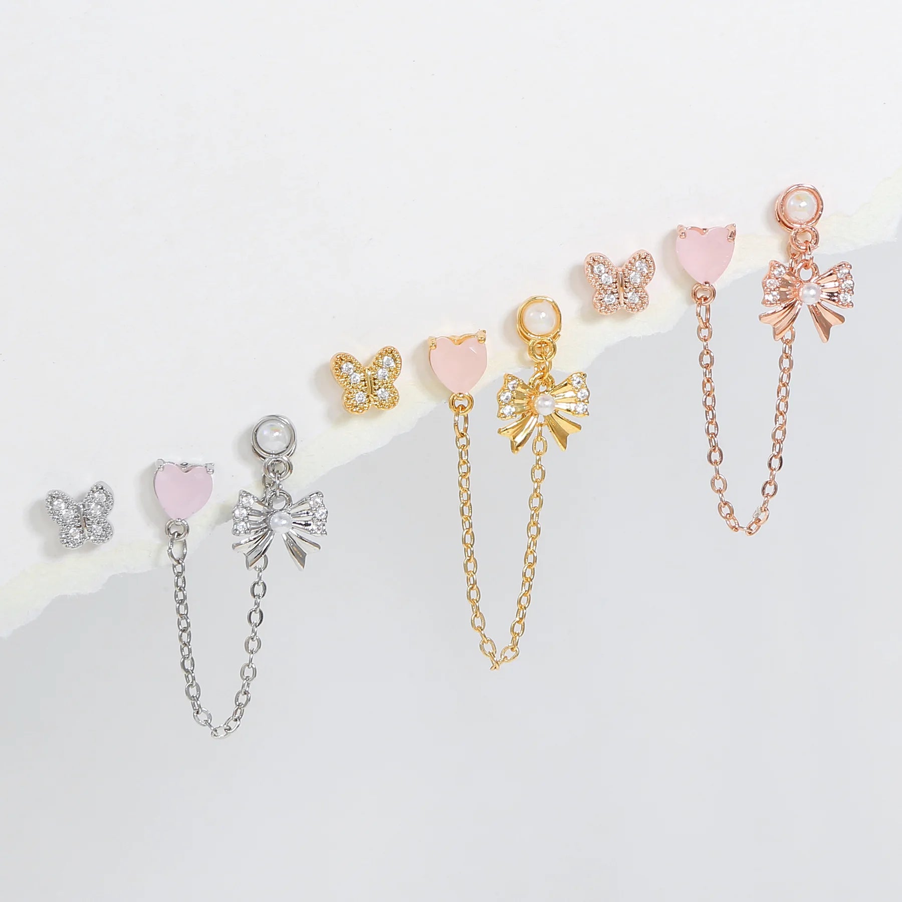 Korean Style Love Pink Zircon Stud Earrings Simple Stylish Long Tassel Bow Heart Ear Bone Stud Piercing Jewelry Women Ear Studs