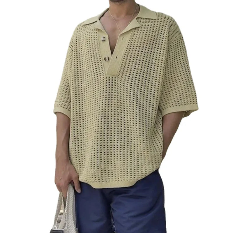 Custom Logo Plus Size Hollow Out Knit Sweater Oversized Short Sleeve Polo Shirt for Men's Fashion Brands