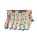 Women's Autumn Winter Milk White Cotton Foot Socks Breathable Anti-Slip Side Medium Tube with Tulip Fungus Design Disposable