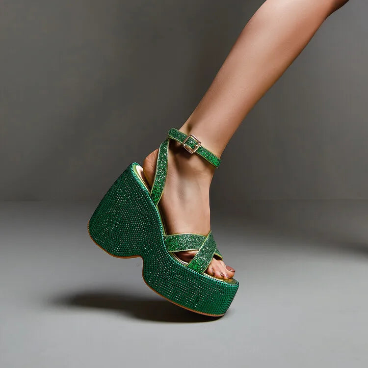 Strap Diamond Luxury Women's Summer Spring Comfort Breathable Thick High Heel Platform Chunky Wedge Sandals Big Size