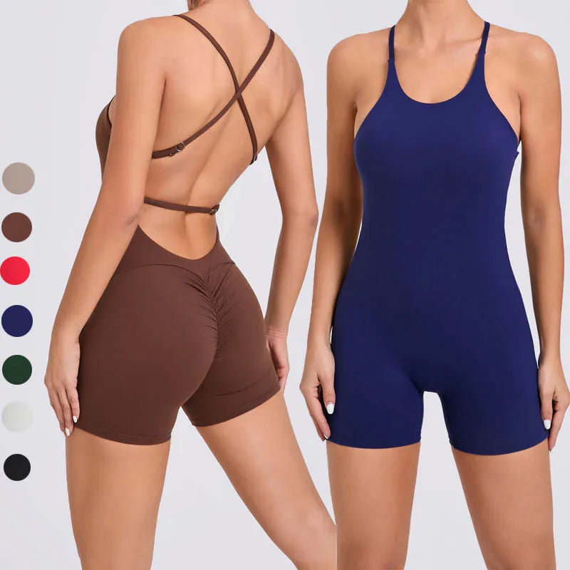 SHINBENE Women's One Piece V Back Scrunch Butt Jumpsuits Bodycon Spaghetti Strap Jumpsuit Workout Romper
