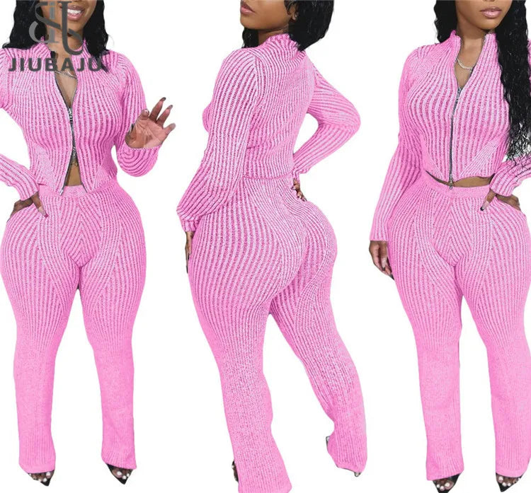 Knit Two Piece Set Women Casual Long Sleeve Zipper Cardigan and Straight Pants Matching Fall 2024 Set