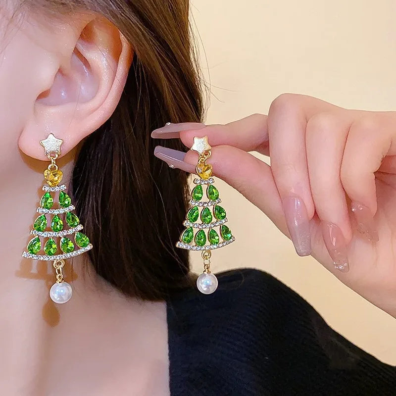 Latest Trendy Fashion Shiny Zircon Christmas Tree Earrings for Women Girls Cute Stars Long Hanging Jewelry Perfect Xmas Gift