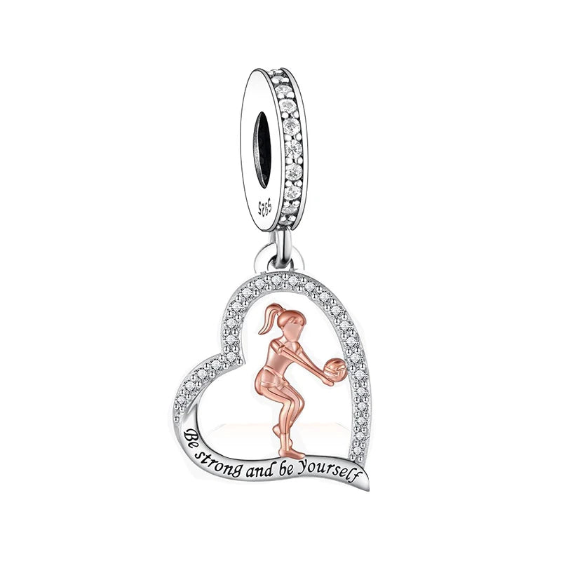 Fit Original Brand Charm Bracelet 925 Sterling Silver Love Heart Girl Playing Volleyball Bead for Women Jewelry Making