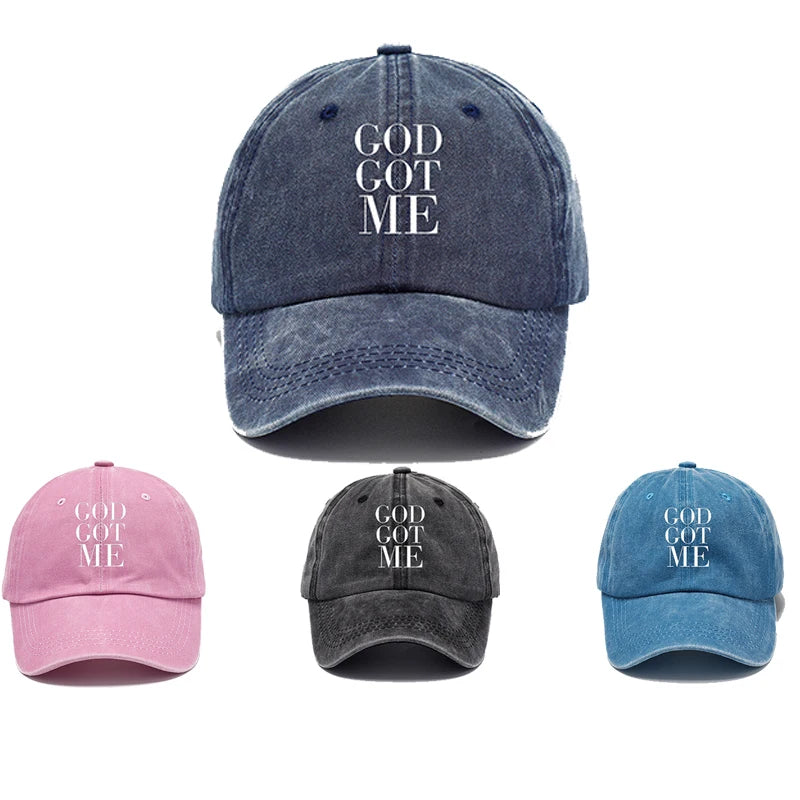 New Custom Printed GOD GOT ME 6 Panel Adjustable Vintage Washed Cotton Baseball Cap Snapback Sports Outdoor Dad Cap