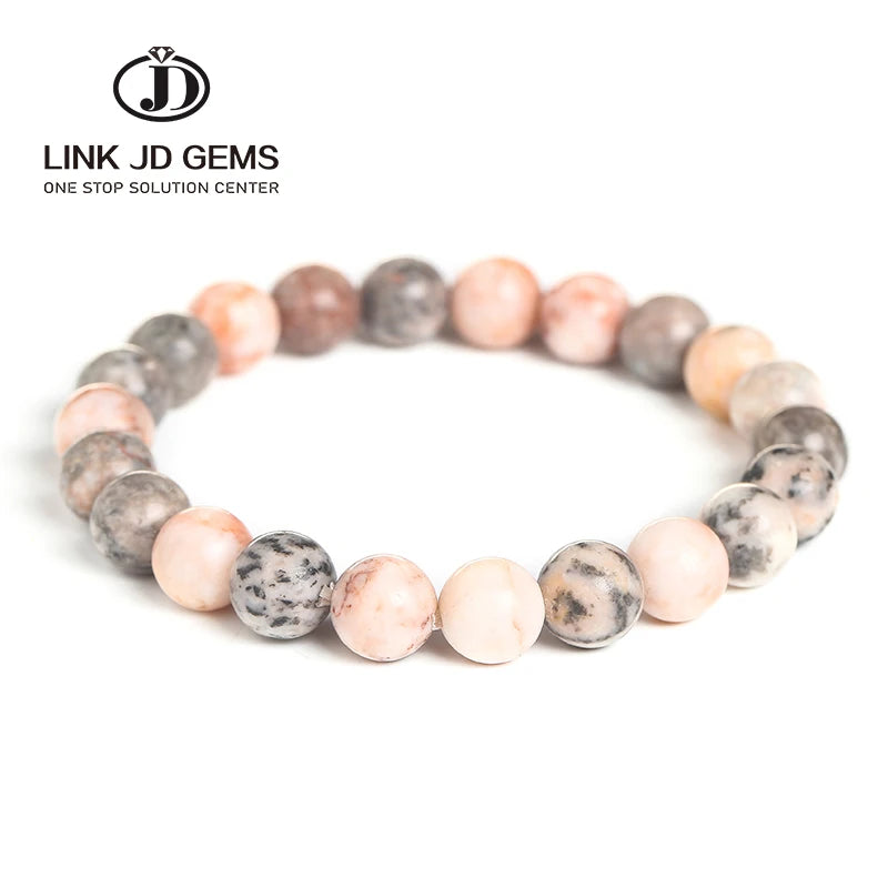 JD Wholesale Classic Gemstone Beaded Jewelry Natural Dull Polish Pink Zebra Jaspers Stone 6/8/10/12mm Loose Beads Elastic