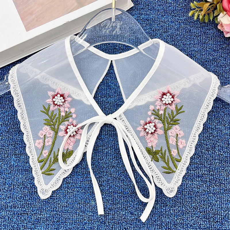 Pink Flowers Embroidered White Collar