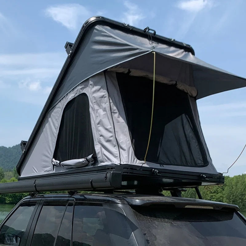 Triangle Roof Top Tent Hard Shell with Canvas Fabric Four-Season Double Layer Design for Camping-One Bedroom & Living Room