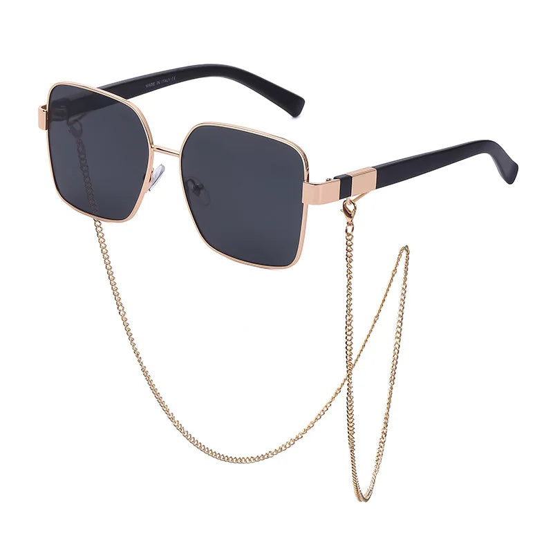 Oversized Luxury Brand Square Metal Frame Double Bridge Sunglasses Gold Chain Big Shades Vintage Sun Glasses for Women Men