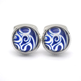 French Shirt Cufflinks for Men Round Silver Art Glass Business Engagement Wedding Party or Anniversary Gift
