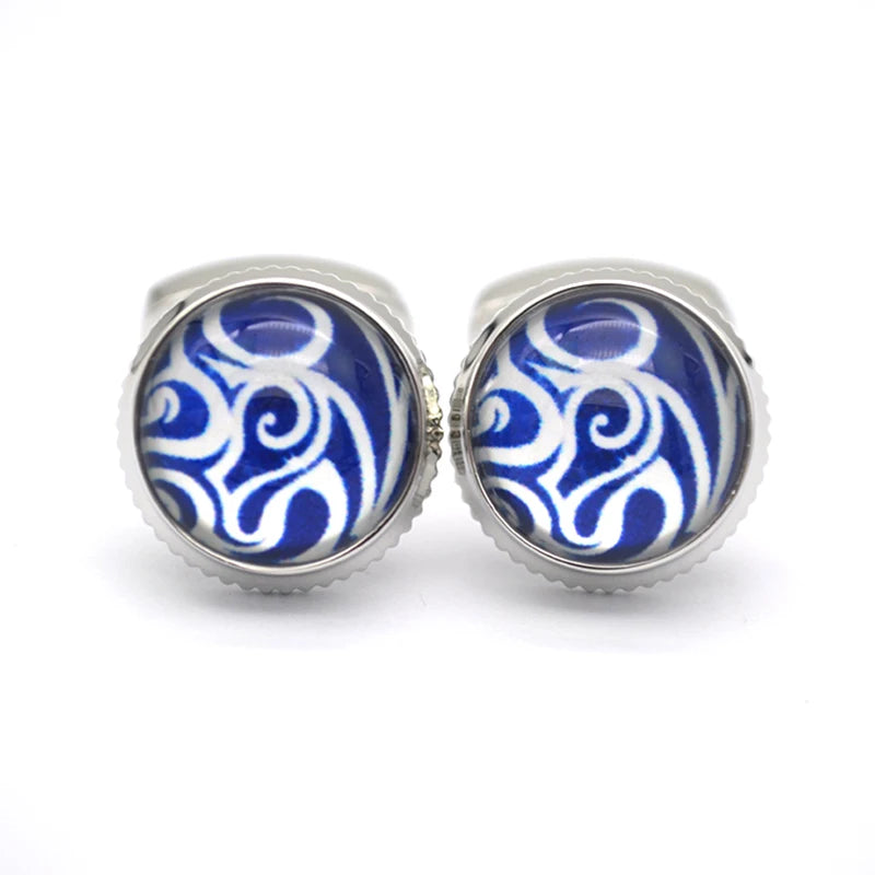 French Shirt Cufflinks for Men Round Silver Art Glass Business Engagement Wedding Party or Anniversary Gift