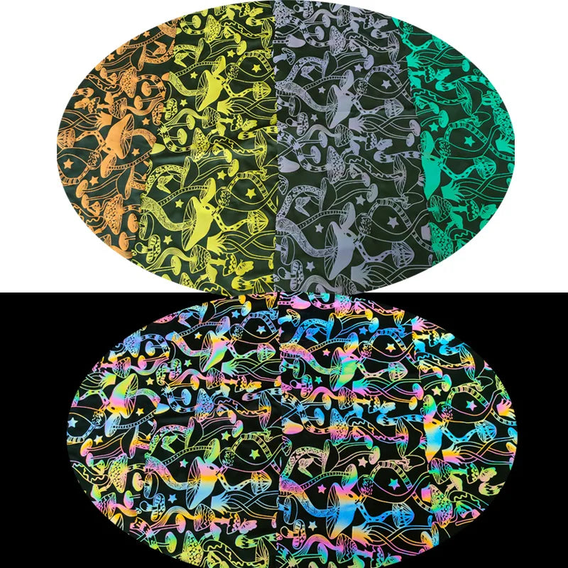 Hi-viz Color Mushroom Design rainbow Iridescent Reflective 4 Way Stretch Knitted Fabric for Fashion Modern Dress Clothes Garment