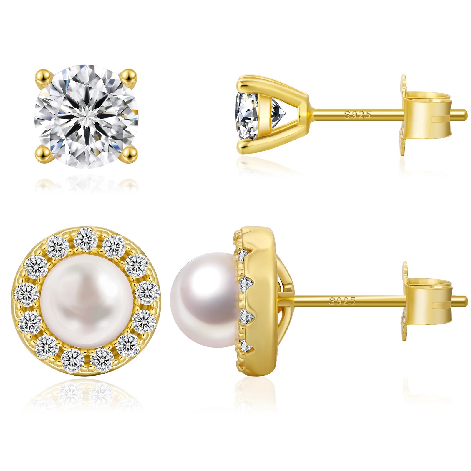 Women Luxury Jewelry Freshwater Pearl Stud Ear Sterling Silver CZ Diamond 14K Gold Plated 925 Fresh Water Real Pearl Earring Set