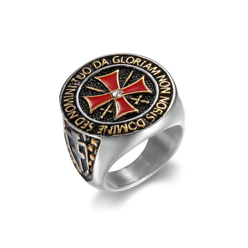 Men Hot Selling Retro Red Enamel Cross Diamond Rings Stainless Steel Religious Jewelry