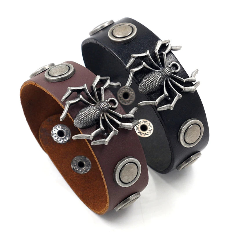 Personalized Punk Jewelry Alloy Rivet Spider Wide Leather Wrap Bracelet for Men