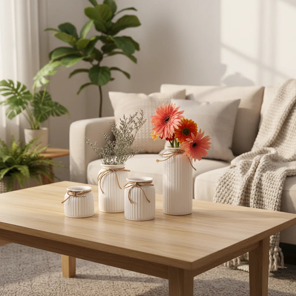 LIVEFUN Handmade Modern Chinese White Ceramic Vase Sets Customizable Tabletop Flower Home Decor Bedroom Living Direct Sales High