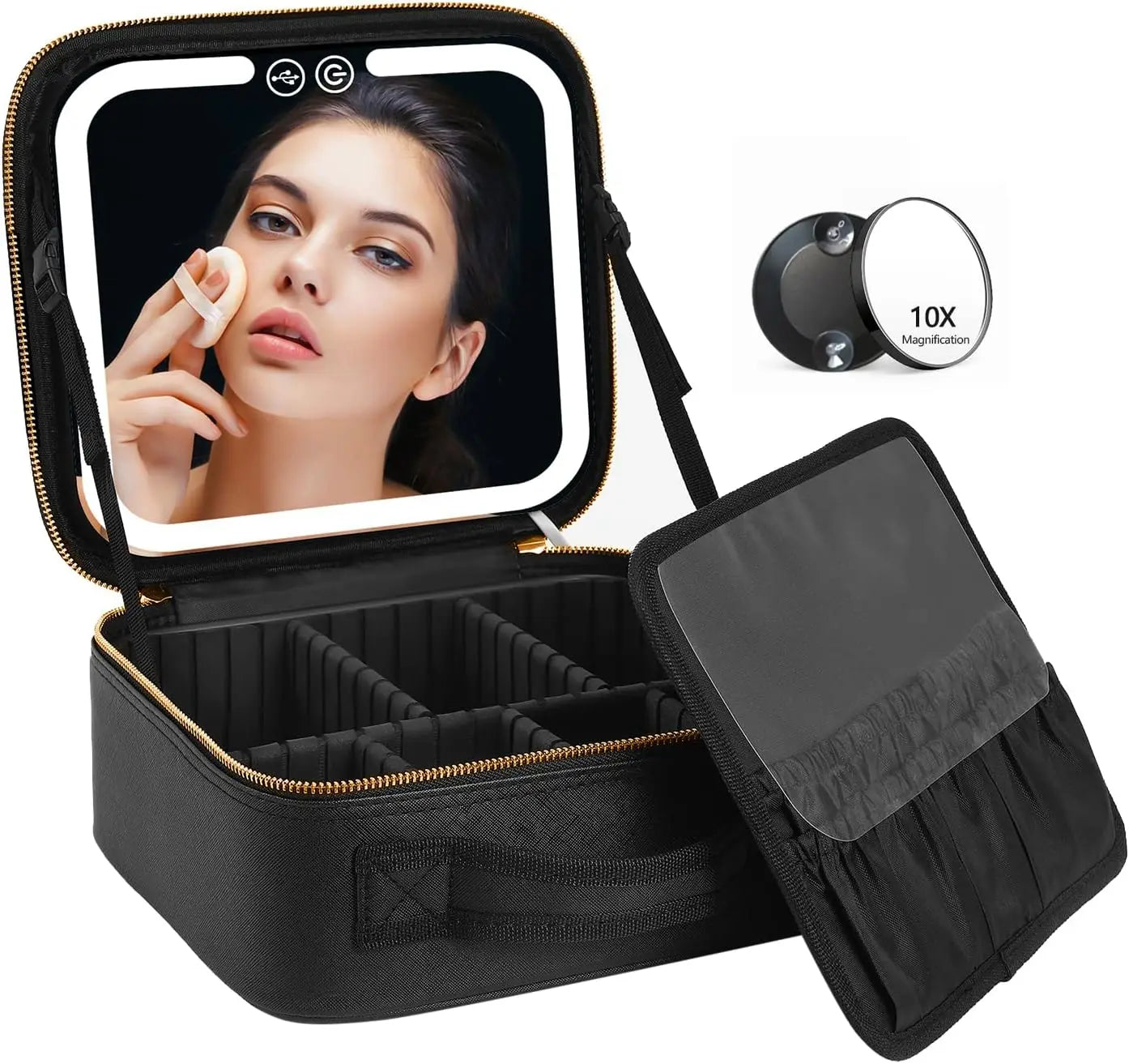 LED Lighted Travel Makeup Bag Zipper Closure Fashionable PU Stone Pattern Make Case 3 Color Setting Mirror Cosmetic Makeup Box