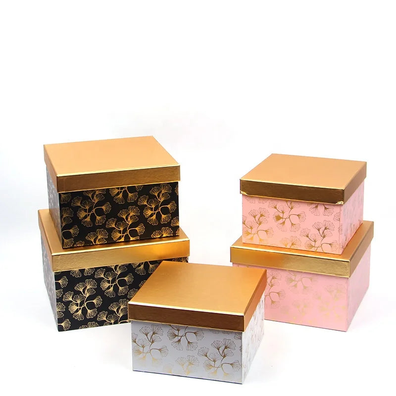 High-End 3-Piece Set Square Flower Gift Box Hot Stamping and Glossy/Matt Lamination
