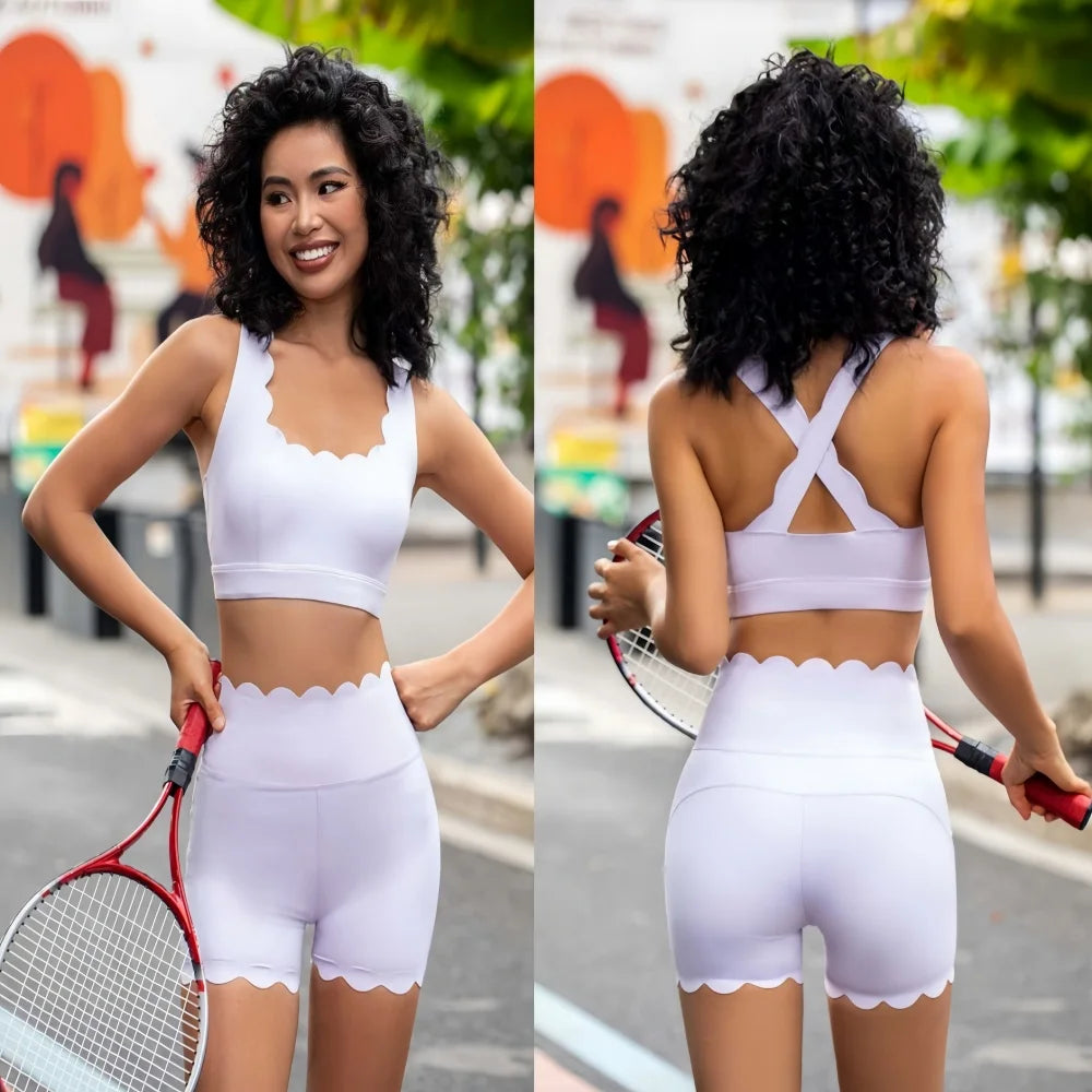Ladies Summer Scallop Wavy Gym Fitness Set Women Running Sportswear Workout Apparel Yoga Clothes Active Wear