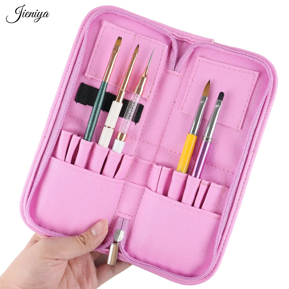 Jieniya Professional PU Removable Pink Zipper Nail Art Brush Storage Bag 12Pcs