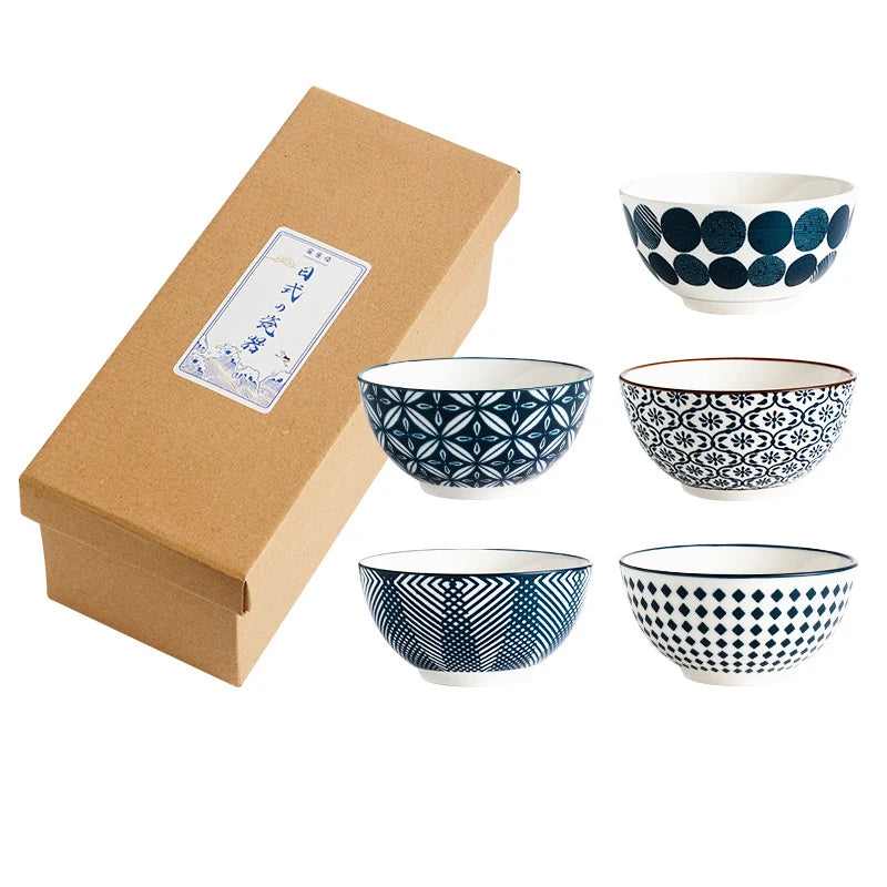Customized Porcelain Japanese Breakfast Restaurant Bowls Set White Rice Bowl Hand Painted Blue Ceramic Eco-Friendly Soup Noodle